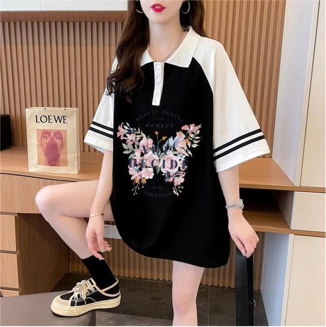 POLOネック プリント バタフライ ロング ラグランTシャツ ゆったりワンピース ＜S-3023＞