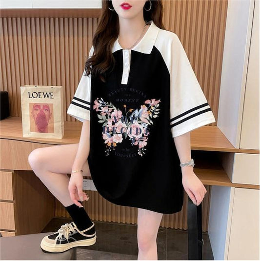POLOネック プリント バタフライ ロング ラグランTシャツ ゆったりワンピース ＜S-3023＞