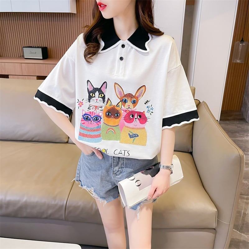デザインセンスゆったりプリントトップラペルTシャツポロシャツ<S-2898>