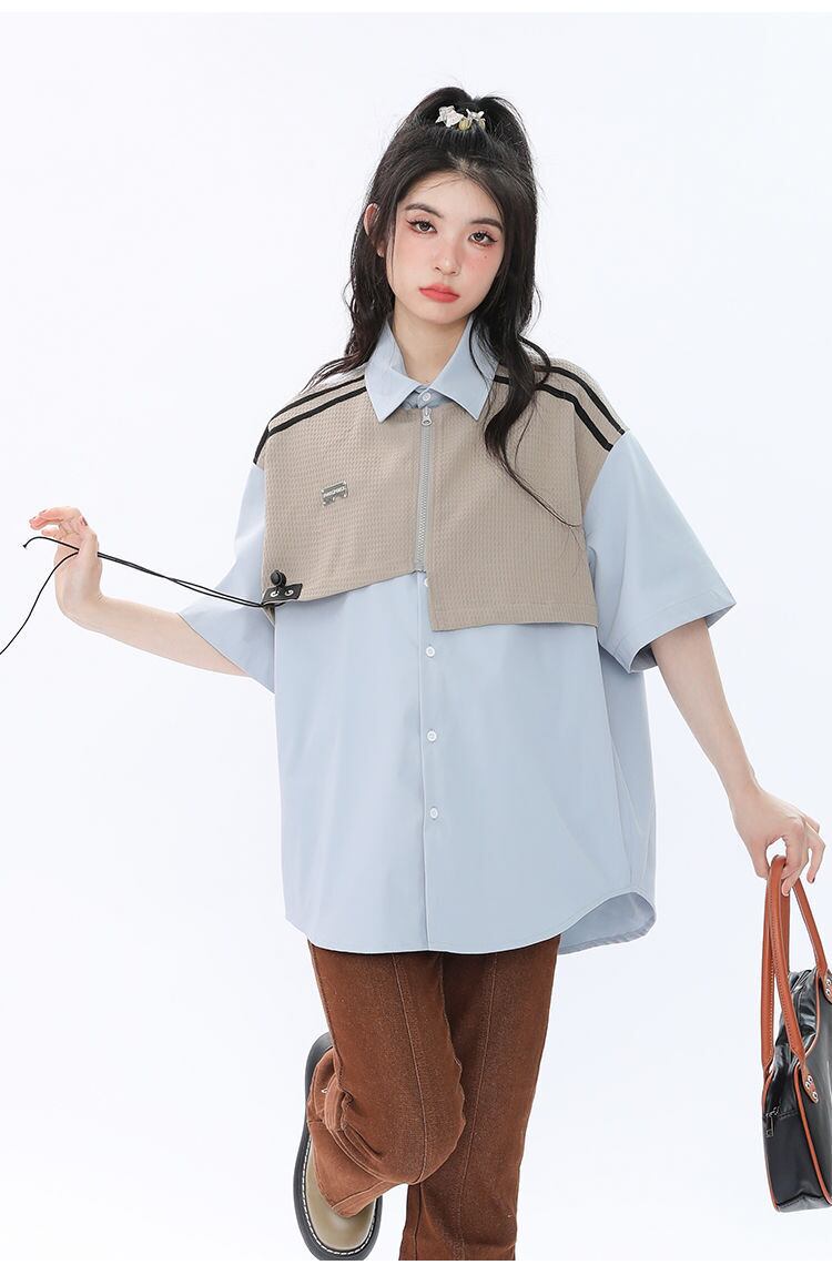 期間限定 ファッション 個性派 レイヤード風 切り替え プリント全3色 男女兼用 半袖Tシャツ<S-9044>