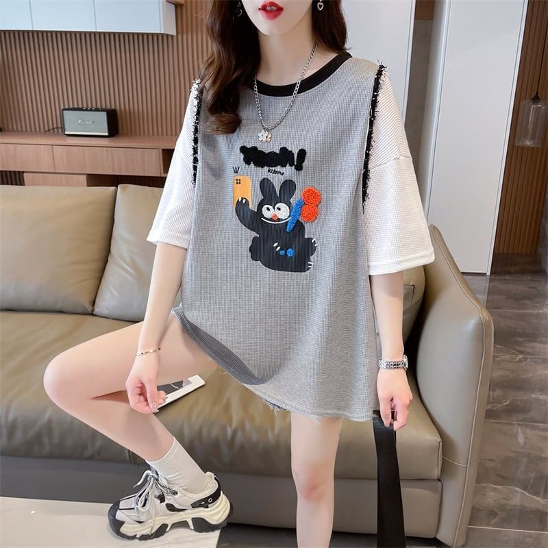 ワッフルフェイクツーピース漫画立体刺繍半袖Tシャツ<S-2871>