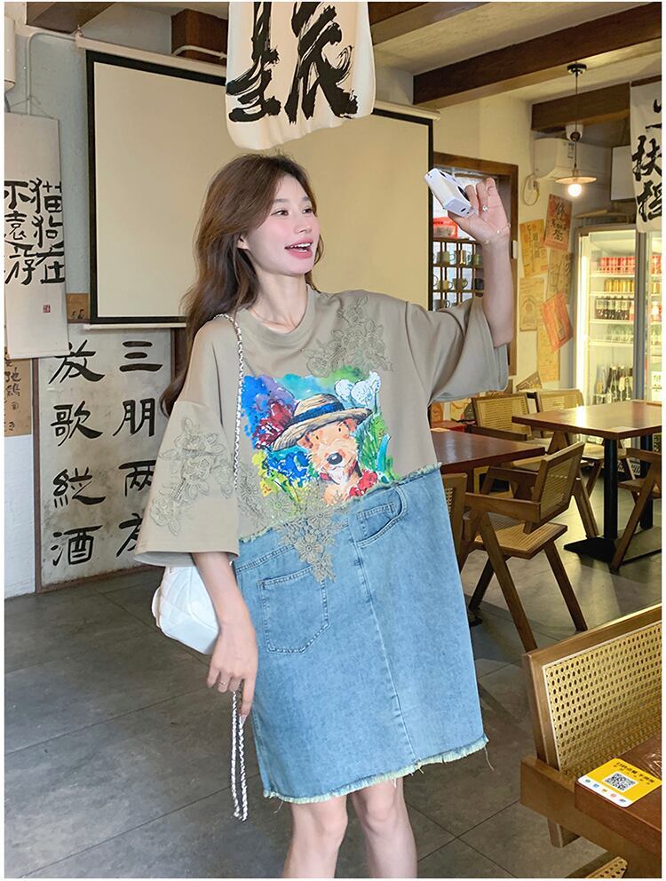 超人気 カジュアル ファッション デニム 切り替え プリント ワンピース＜S-8615＞
