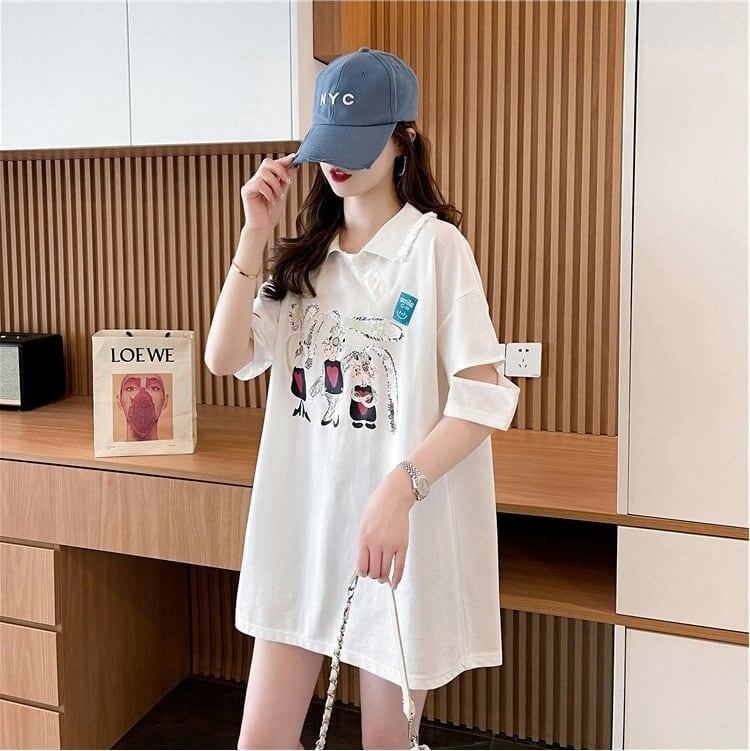美人度アップ 折り襟 可愛いウサギちゃん プリントロング Tシャツ ゆったり半袖 ＜S-2956＞