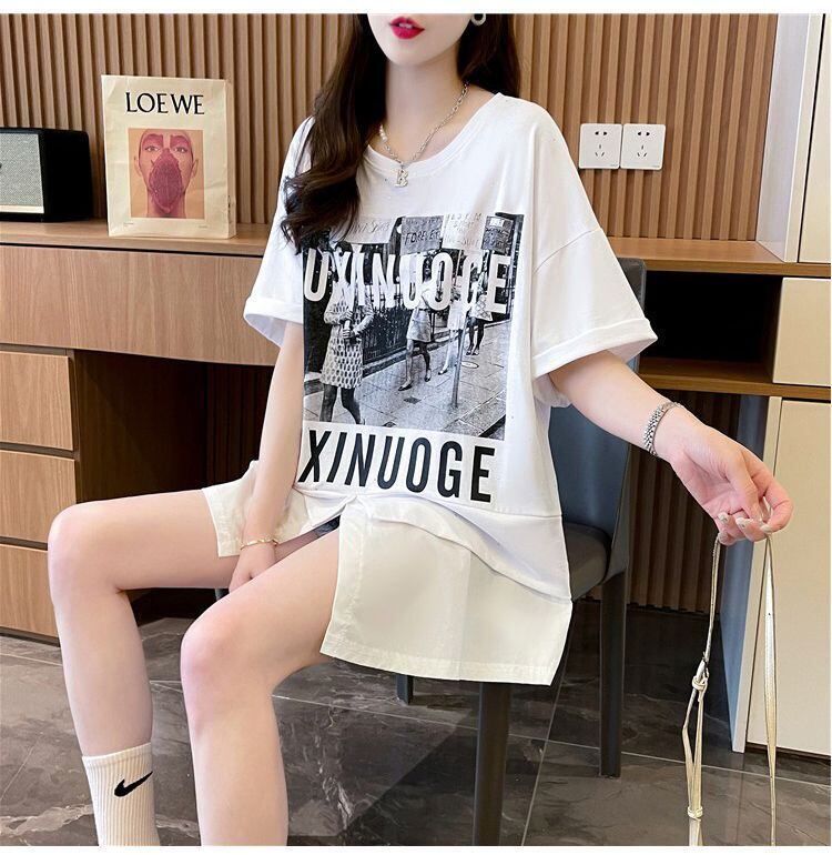 絶対流行 レイヤード風 レース プリント全2色 半袖Tシャツ<S-8821>