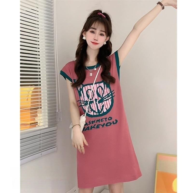 好感度100％ プリント 可愛い猫柄 ロング Tシャツ ゆったり半袖 ＜S-2867＞