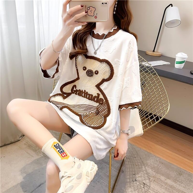 先進の重工業刺繍入りダイヤモンドベア半袖Tシャツ<S-2987>