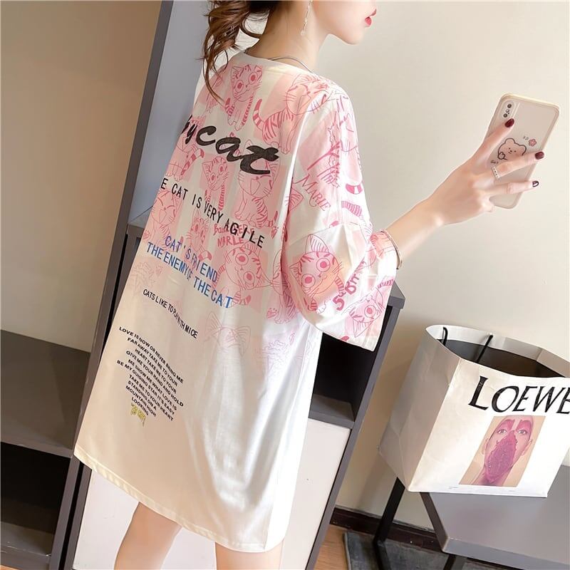 【半額！期間限定！！】大好評 プリント 猫柄 ロング Tシャツ 四色 ゆったりワンピース ＜S-4017＞