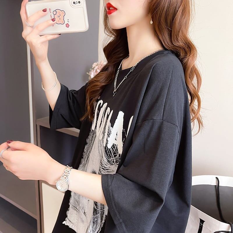 美人度アップ 切り替え ファッション プリント Tシャツ カットソー＜S-3399＞