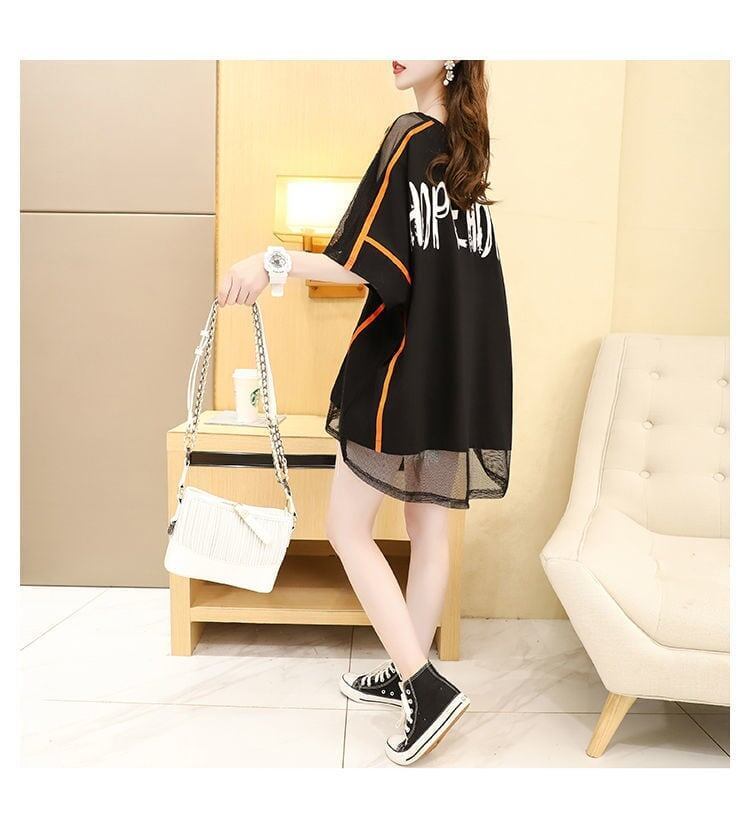 大好評 透かし彫りアルファベット 切り替え プリントTシャツ ゆったり半袖＜S-2982＞