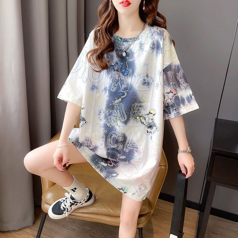 大好評 絞り染め クマ柄 ロング Tシャツ ゆったり半袖 ＜S-3990＞
