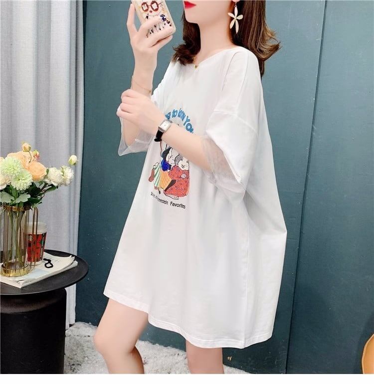優しい雰囲気 立体のリボン バックオープン プリント ロングTシャツ ゆったり半袖＜S-2939＞