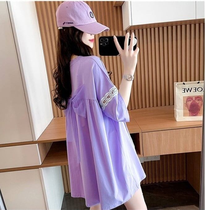 着心地良い レース切り替え リボン プリントTシャツ ゆったり半袖＜S-2889＞
