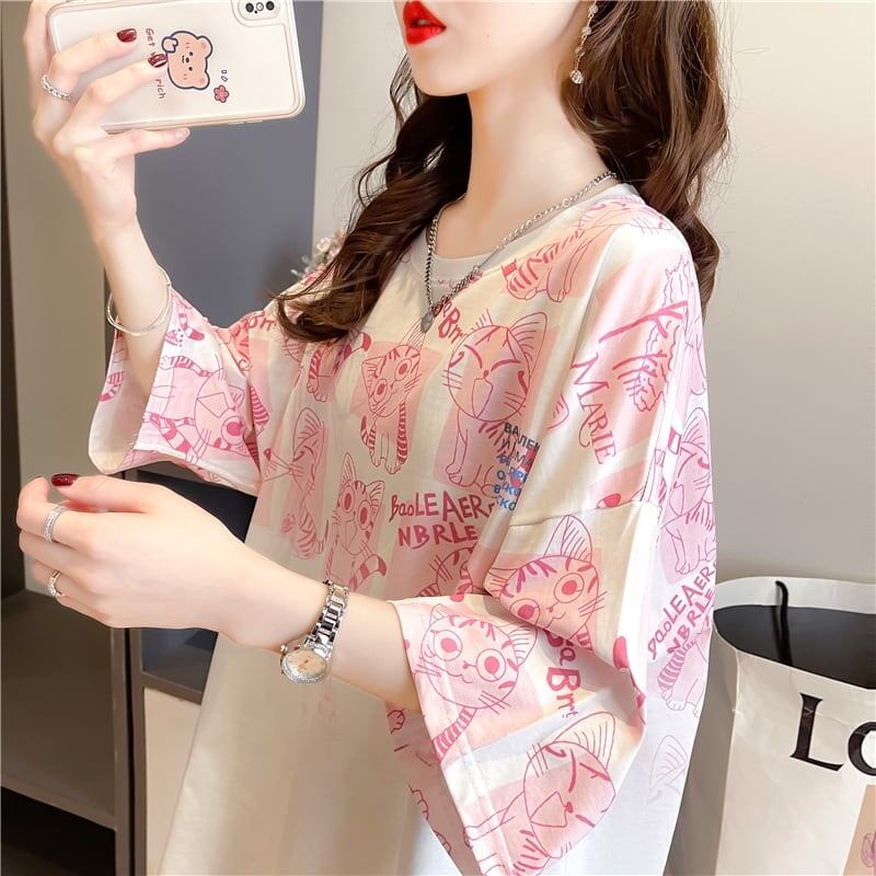 【半額！期間限定！！】大好評 プリント 猫柄 ロング Tシャツ 四色 ゆったりワンピース ＜S-4017＞