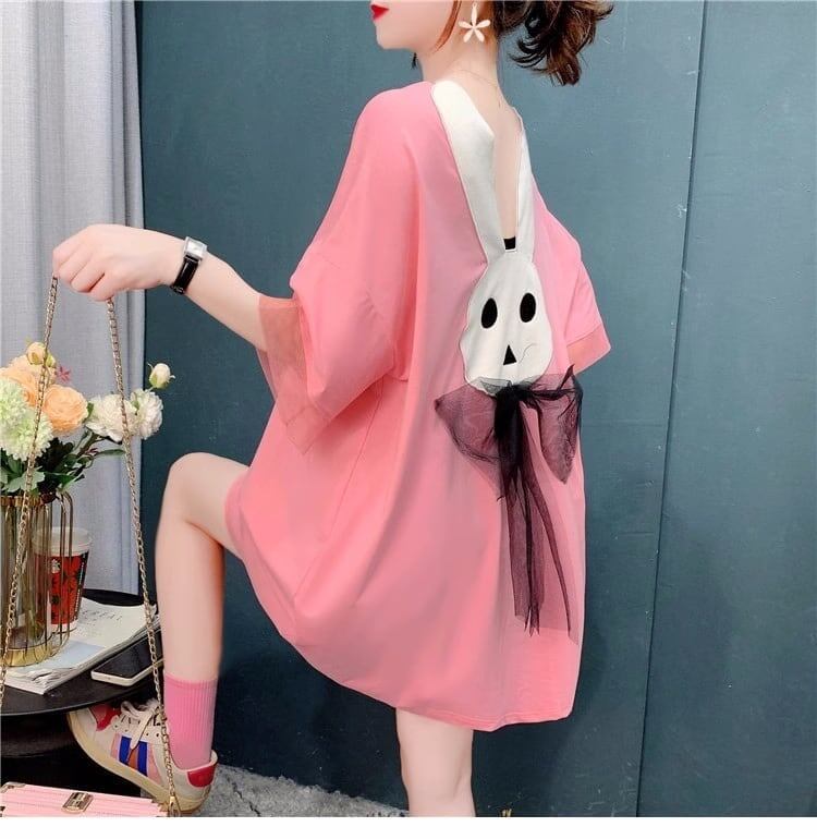 優しい雰囲気 立体のリボン バックオープン プリント ロングTシャツ ゆったり半袖＜S-2939＞