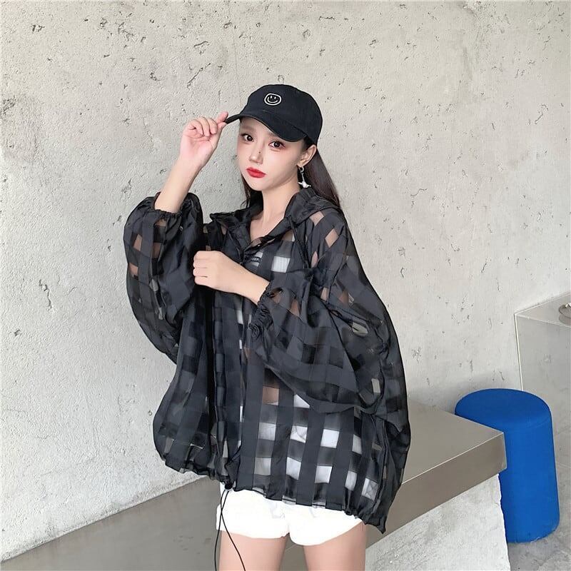 大人気 チェック柄 ゆったり 日焼け対策 UVカット 冷房対策 着?せ 長袖 フード付き シャツ ＜S-1910＞
