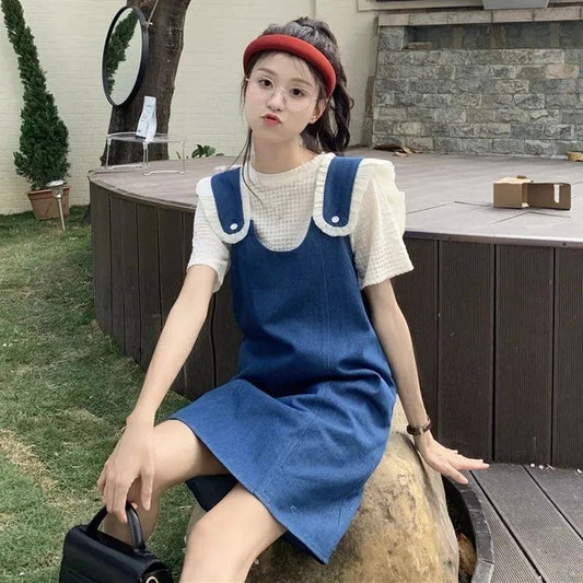 美人度アップ デニム 大人可愛い 全2色 半袖Tシャツ+サスペンダースカート セット<S-8782>