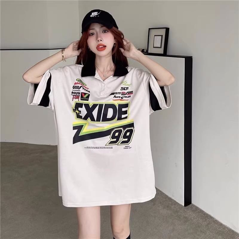 韓国系 オーバーサイズ POLOネック グラフィック ロング Tシャツ 三色 ゆったりワンピース＜S-4025＞