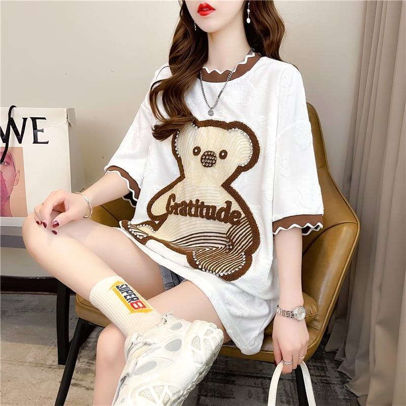 先進の重工業刺繍入りダイヤモンドベア半袖Tシャツ<S-2987>