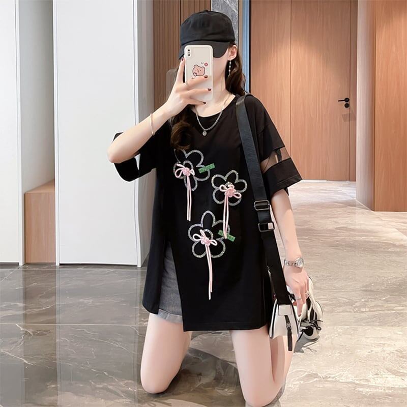 イレギュラー 切り替え カジュアル プリント Tシャツ カットソー＜S-3496＞