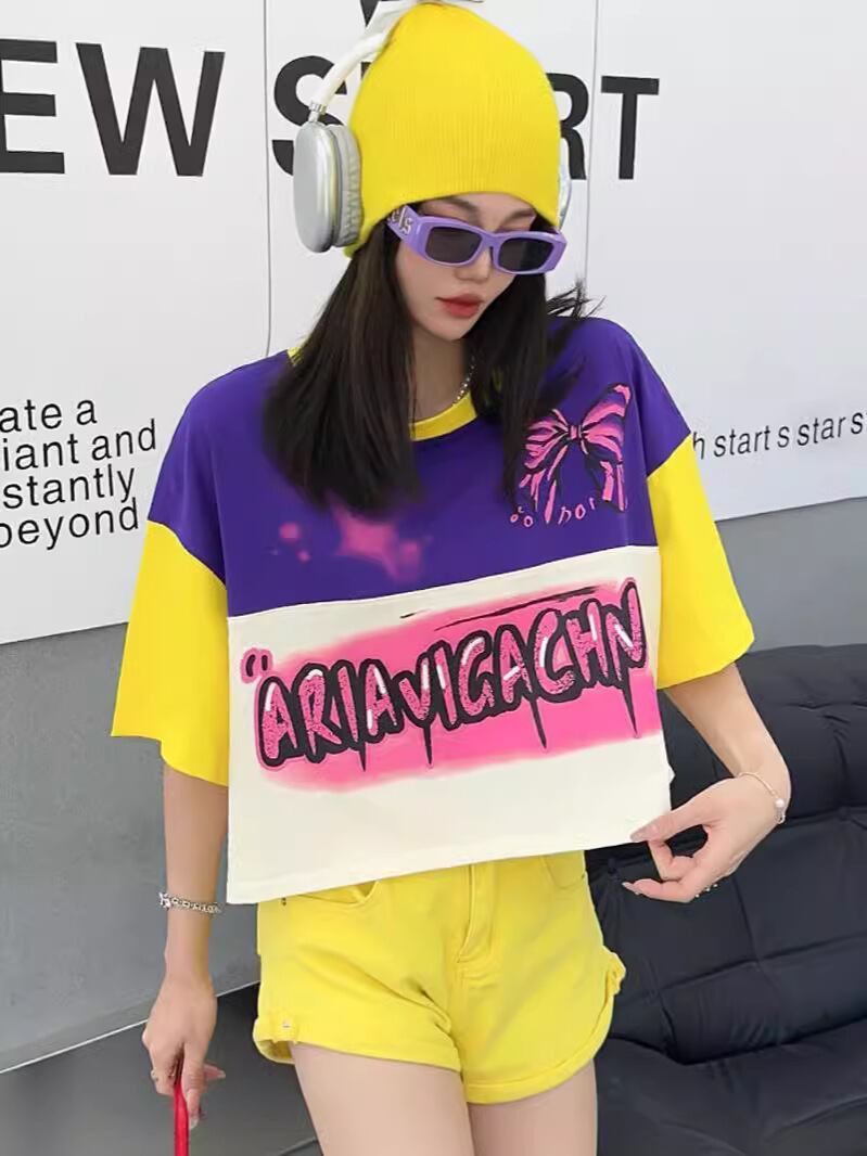 着回し力抜群 切り替え三色 韓国系 ゆったり半袖Tシャツ ＜S-8455＞