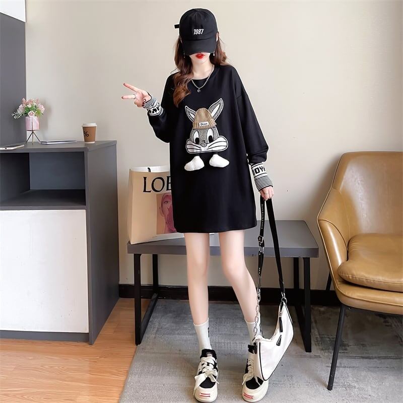 【秋の初めの割引！！】美人度アップ トップス ウサギちゃん 二色 長袖Tシャツ ＜S-4007＞