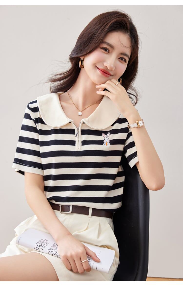 美人度アップ エレガント ファッション ストライプ柄 Tシャツ<S-8333>
