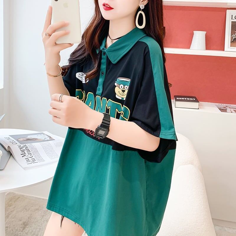ファッションカジュアルネットレッドルーズポロカラー半袖Tシャツ<S-2856>
