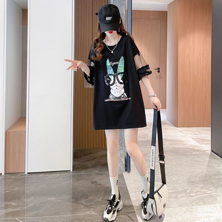 着回し力抜群 チュール 新作 切り替え ピンク プリント スパンコール プリント全3色 半袖Tシャツ カットソー ＜S-8557＞