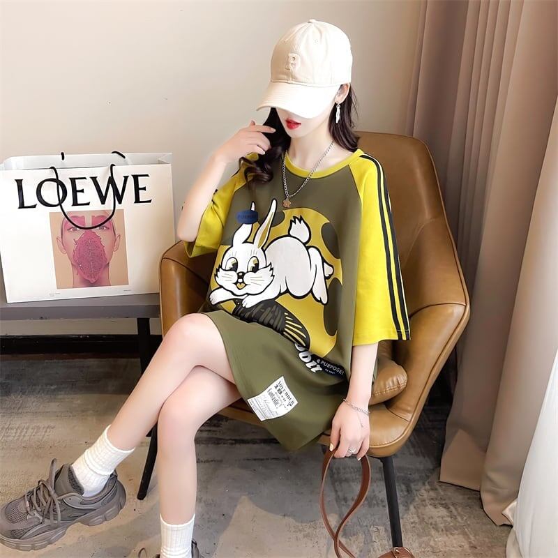 好感度UP グラフィック ストライプ柄 ラグランTシャツ ゆったり ワンピース＜S-3994＞