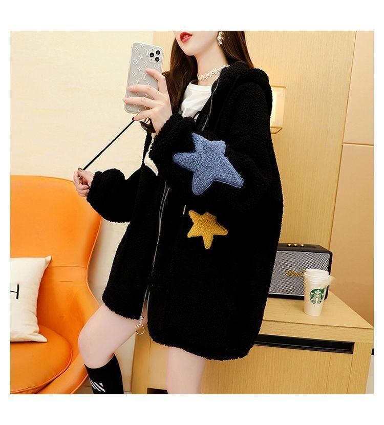 大人可愛い星柄ロゴボアフルジップパーカー全3色  厚手トップス ＜S-4461＞