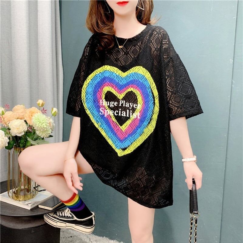 デザイン感 透かし彫り チャーミング プリント Tシャツ カットソー＜S-3115＞