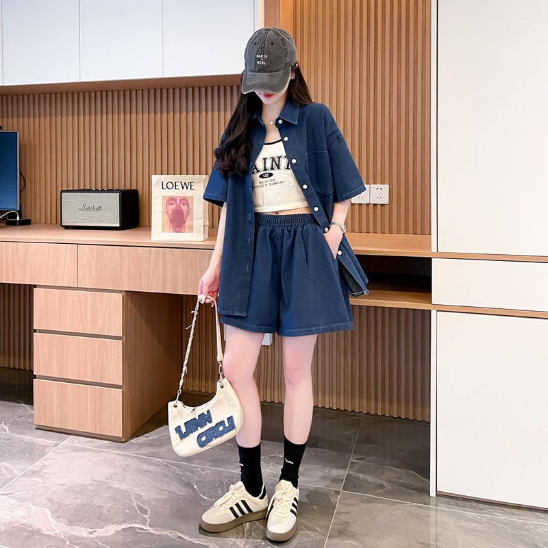 オーバーサイズ 半袖 デニム シャツ + ショートパンツ セットアップ <S-13150>