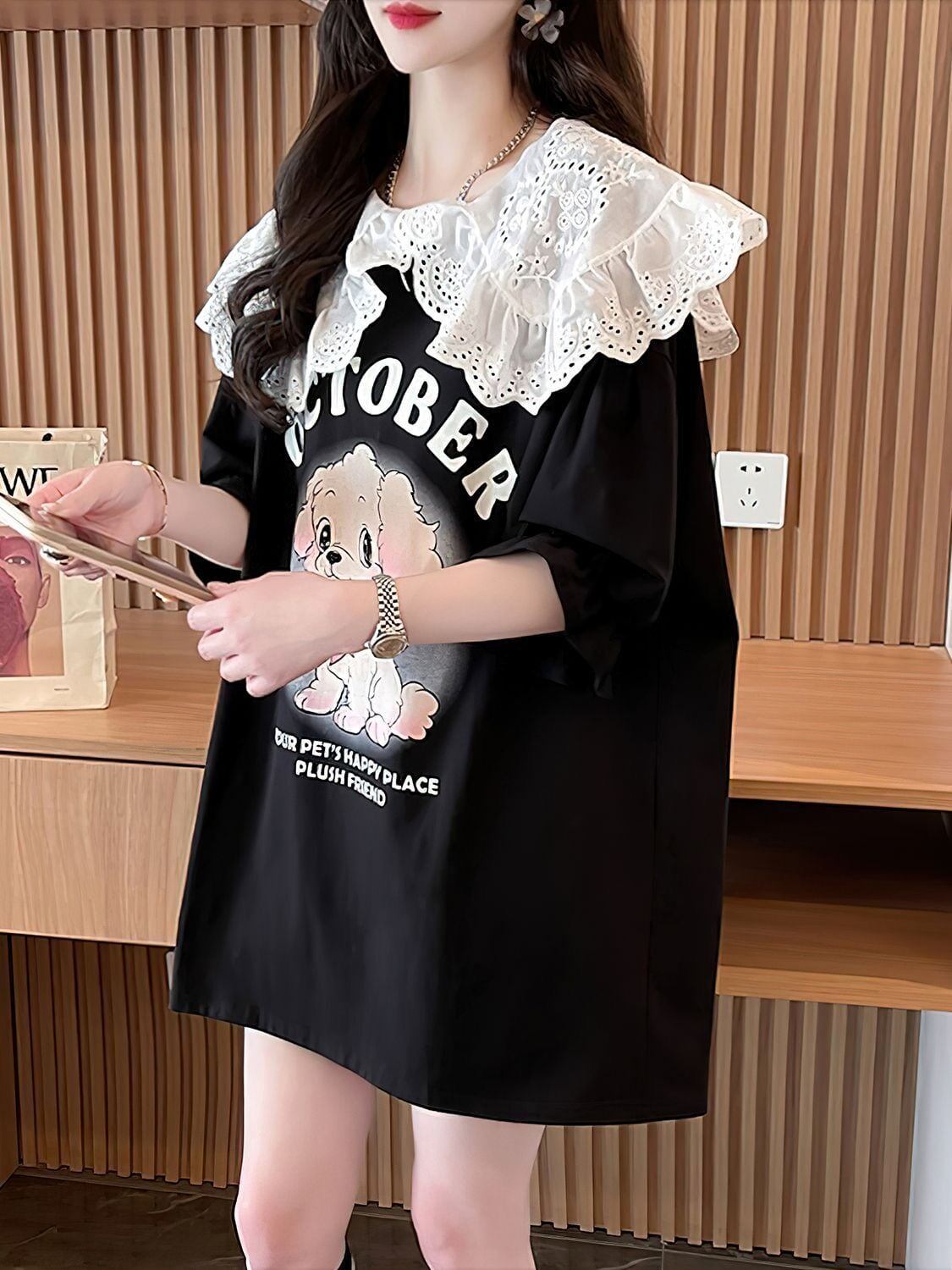 絶対流行 切り替え キュートプリント ゆったり 5分袖 Tシャツ＜S-8474＞