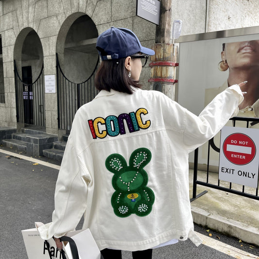 新しい重工業用ダイヤモンドがちりばめられたルーズデニムジャケット<S-5023>