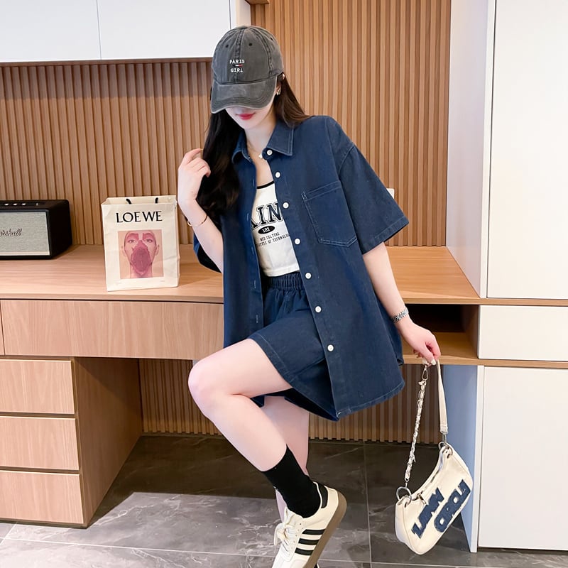 オーバーサイズ 半袖 デニム シャツ + ショートパンツ セットアップ <S-13150>