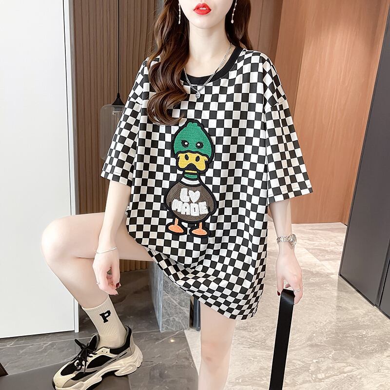 新商品 プリントTシャツ チェック柄 ゆったり半袖＜S-8694＞