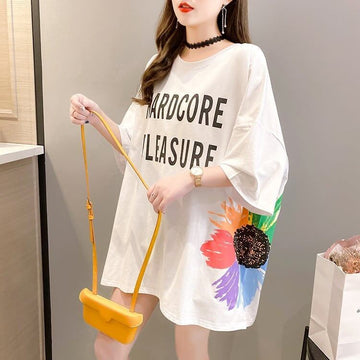おすすめ アルファベット 花柄 Tシャツ 三色 ゆったり ロング 半袖 ＜S-2946＞