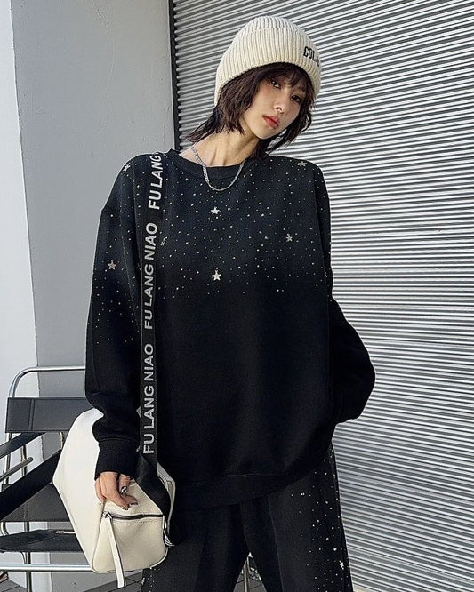 【裏起毛】大好評 ブラック 星柄ロゴゆったり厚手スウェット トップス＜S-4775＞