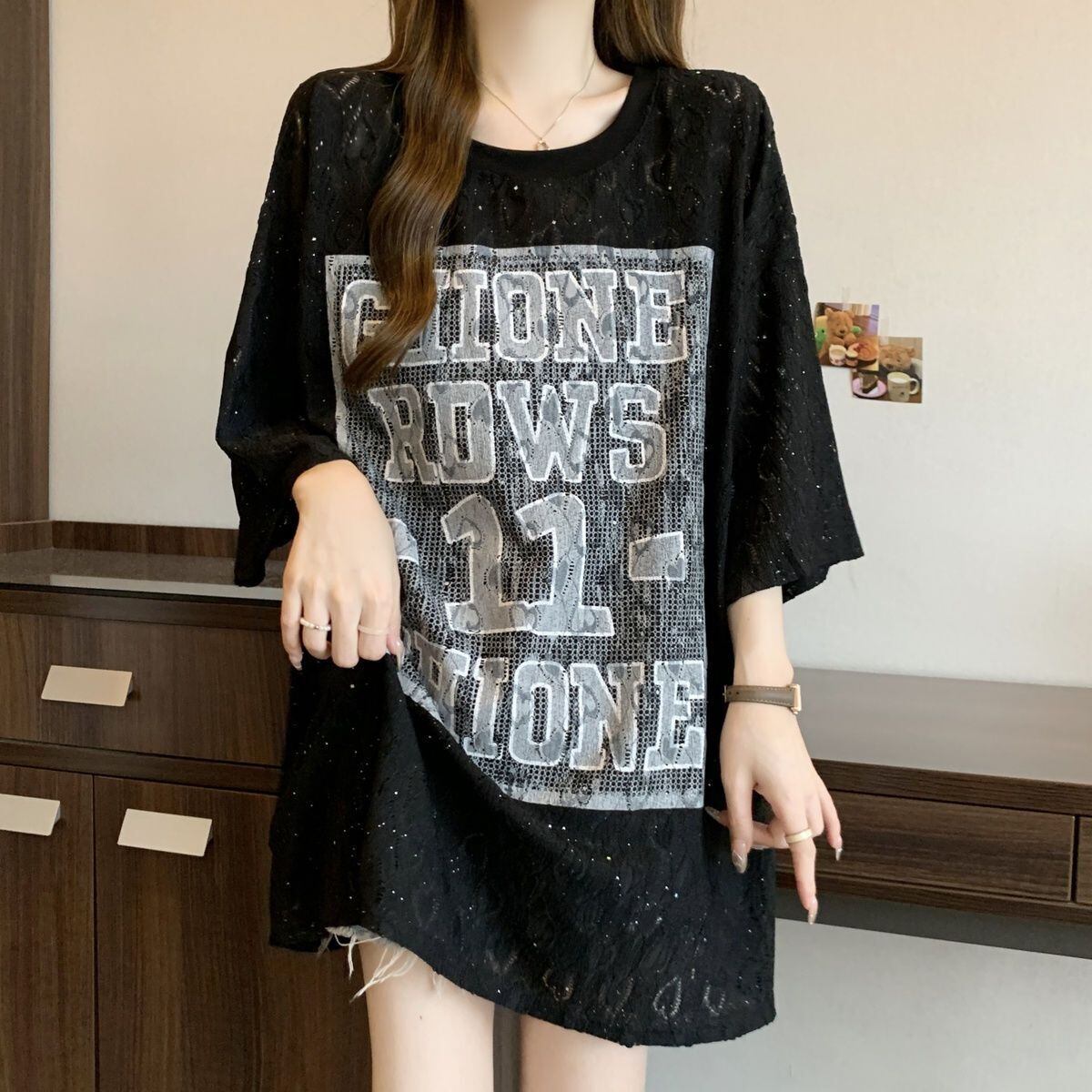 超人気 アバンギャルド 絶対流行 レース プリント全2色 半袖Tシャツ<S-8798>