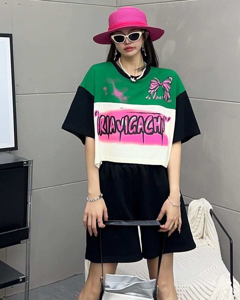 着回し力抜群 切り替え三色 韓国系 ゆったり半袖Tシャツ ＜S-8455＞