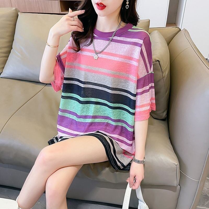 大感謝祭り UV対策 UVカット ストライプ柄 半袖Tシャツ 全3色＜S-4959＞