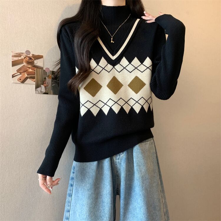 人気上昇中 レイヤード風 おしゃれ度高め 全2色 ニットトップス<S-9583>