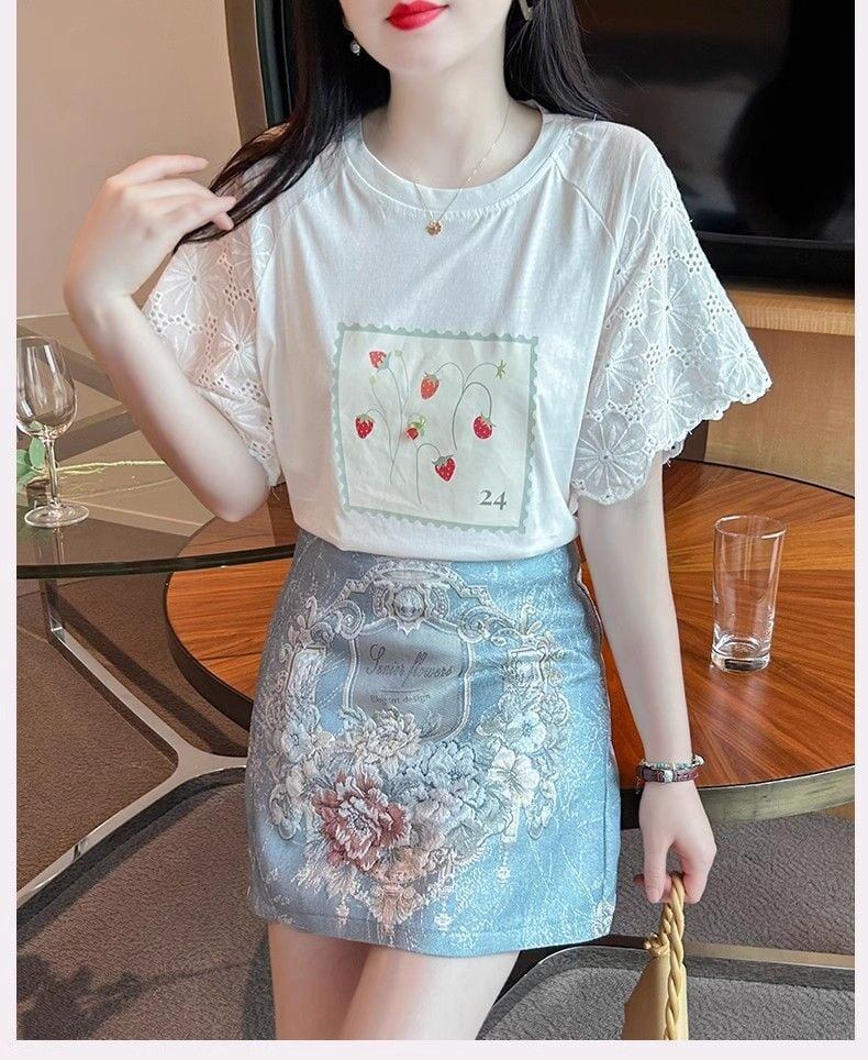大好評 レース 上質 刺繍 切り替え 全2色 半袖Tシャツ＜S-8869＞