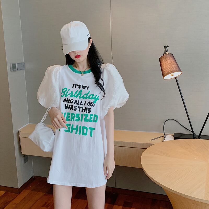 話題沸騰中 パフスリーブ ファッション プリント 全2色 半袖 Tシャツ <S-8662>