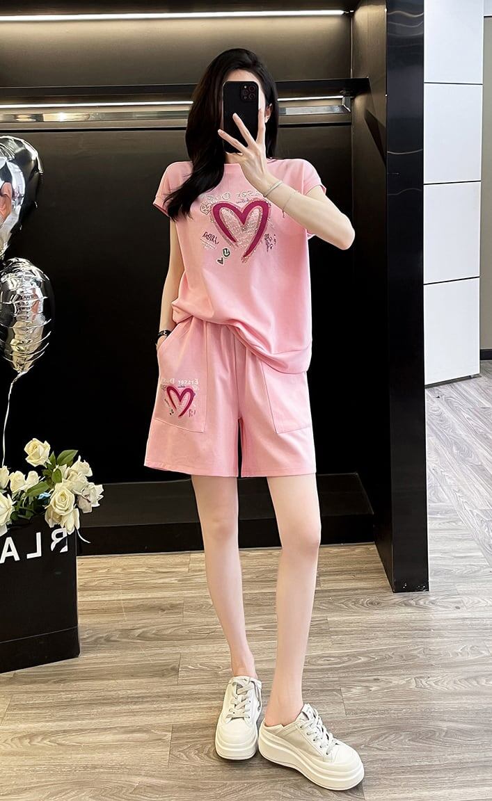 超人気 ホットダイヤモンド カジュアル プリント 半袖Tシャツ ショートパンツ セットアップ ＜S-9215＞