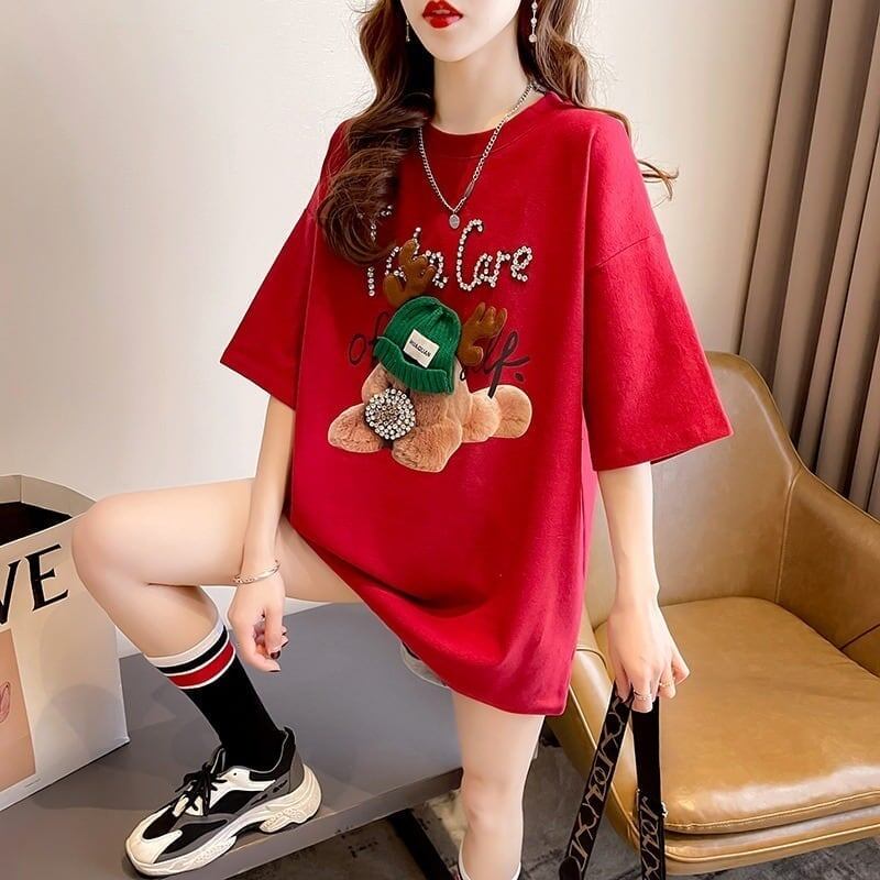 大活躍 ロング ビジューロゴ Tシャツ ゆったり 半袖 三色＜S-2922＞