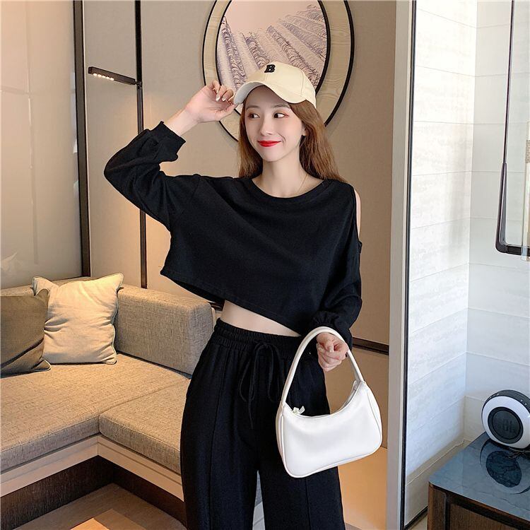 韓国風ファッション カジュアル ?感?佳 全2色 長袖Tシャツ＆ハイウエストワイドレッグパンツのセットアップ<S-9103>