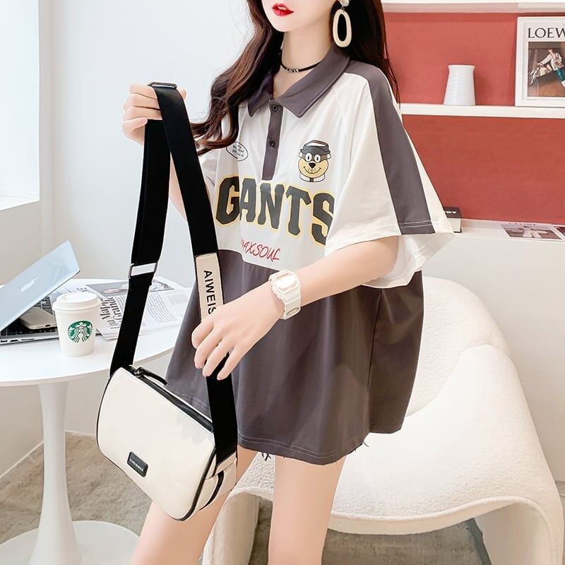 ファッションカジュアルネットレッドルーズポロカラー半袖Tシャツ<S-2856>