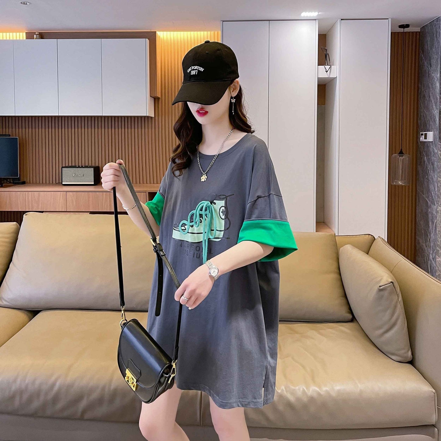 韓国系 プリント ラウンドネック ロング Tシャツ ゆったり半袖 ＜S-2988＞