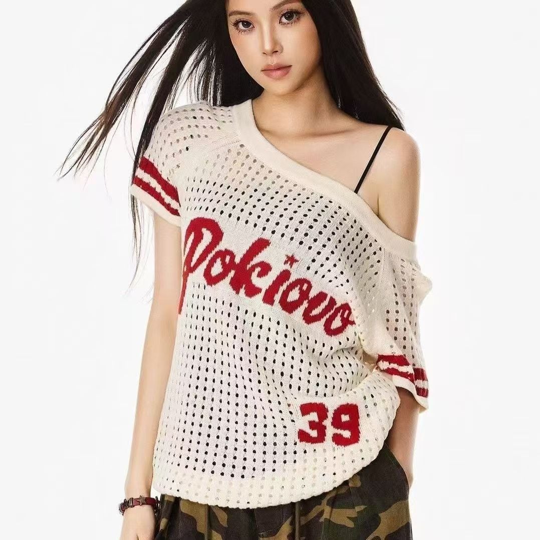 透かし編み オフショルダー 人気 半袖 Tシャツ <S-13184>